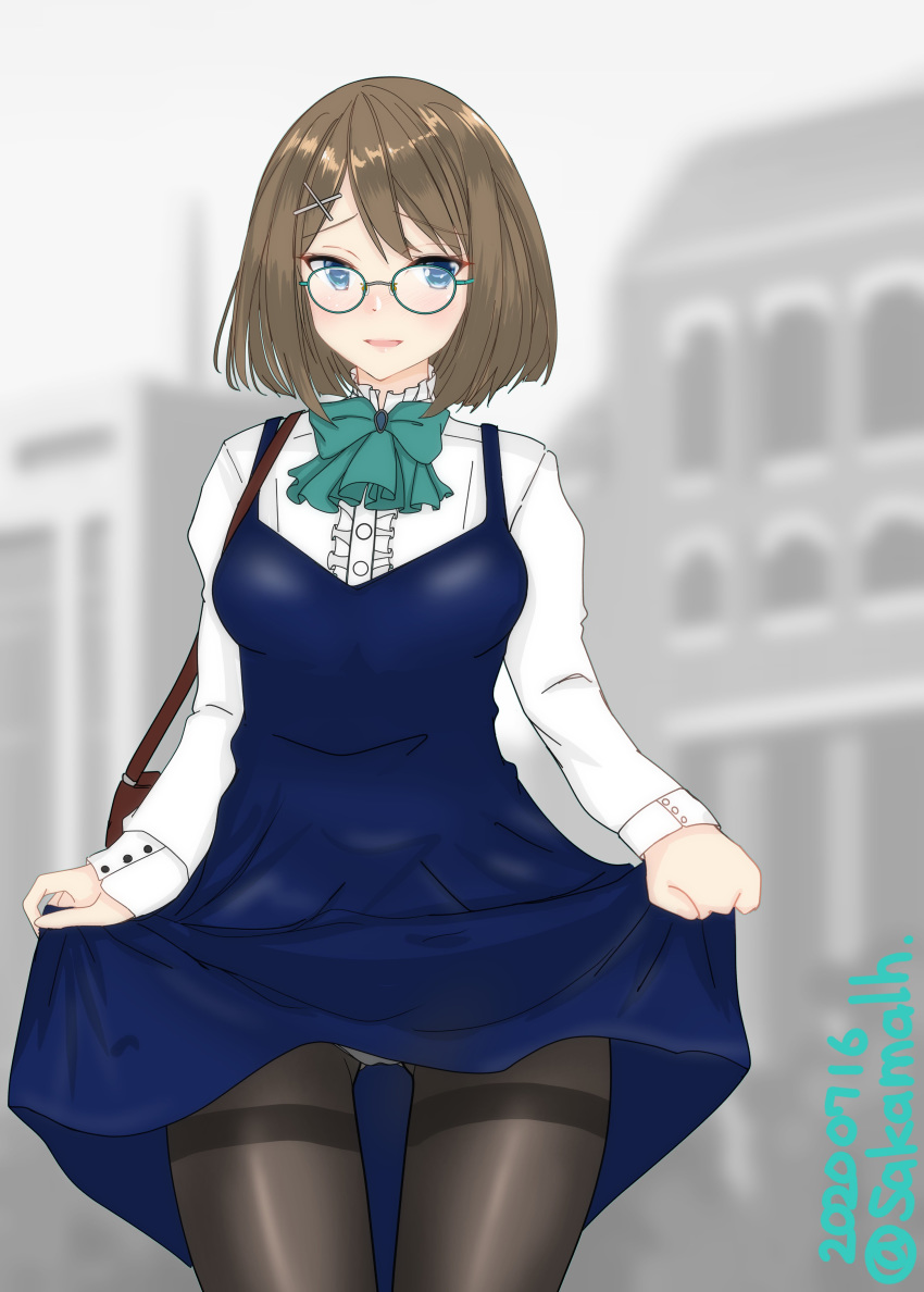 1girl absurdres alternate_costume bag bespectacled black_legwear blue_dress blue_eyes blurry brown_hair building commentary_request cowboy_shot dated depth_of_field dress dress_shirt glasses hair_ornament highres kantai_collection long_sleeves looking_at_viewer maya_(kantai_collection) nitamago_(sakamalh) outdoors panties panties_under_pantyhose pantyhose pantyshot shirt short_hair skirt_hold solo thighband_pantyhose twitter_username underwear white_panties white_shirt x_hair_ornament