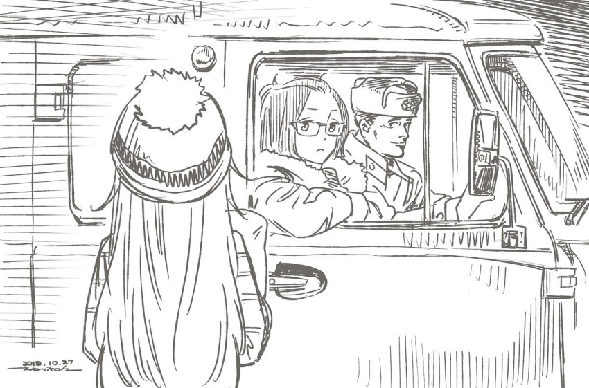 1boy 2girls brown_theme car character_request dated glasses ground_vehicle hat horikou long_hair looking_at_viewer military_hat monochrome motor_vehicle multiple_girls parted_lips real_life signature smile soviet_army standing van yurucamp