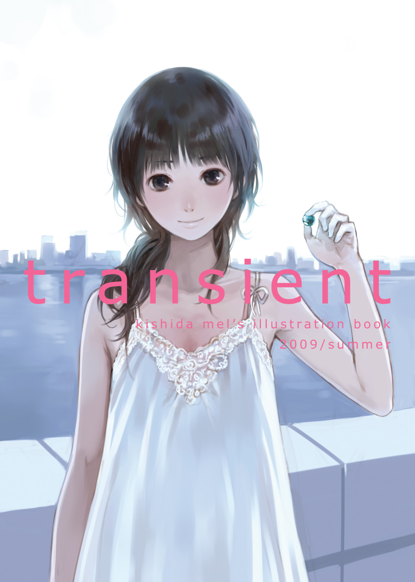 1girl 2009 absurdres arm_at_side artist_name bangs black_eyes black_hair building chemise closed_mouth dress hand_up highres holding kishida_mel long_hair looking_at_viewer marble original sky sleeveless smile solo spaghetti_strap text_focus upper_body water white_dress