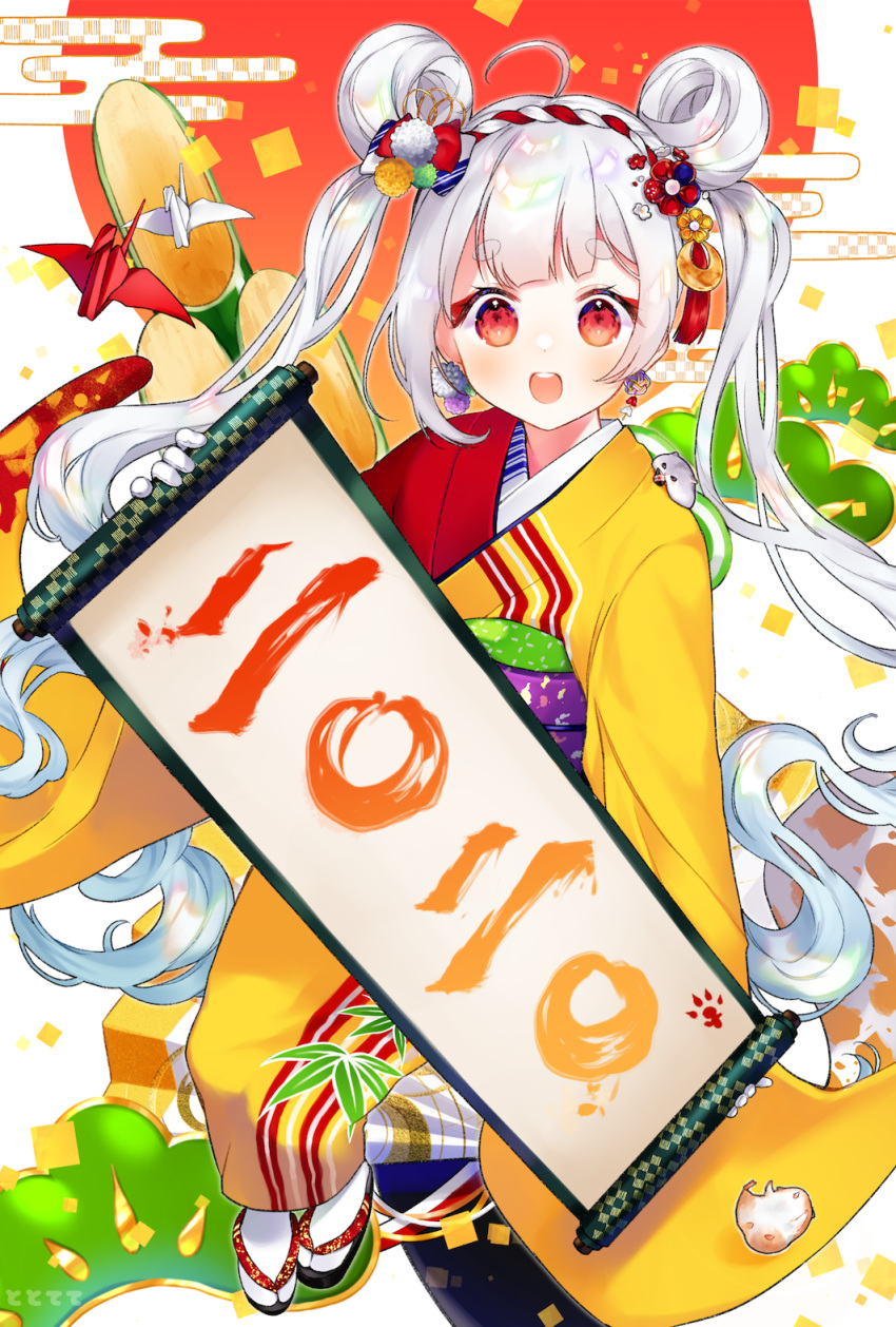 1girl 2020 :d bangs blush double_bun eyebrows eyebrows_visible_through_hair furisode gloves hair_bun hair_ornament hamster highres japanese_clothes kimono long_hair nengajou new_year open_mouth original red_eyes smile tototete twintails very_long_hair white_gloves white_hair white_legwear yellow_kimono