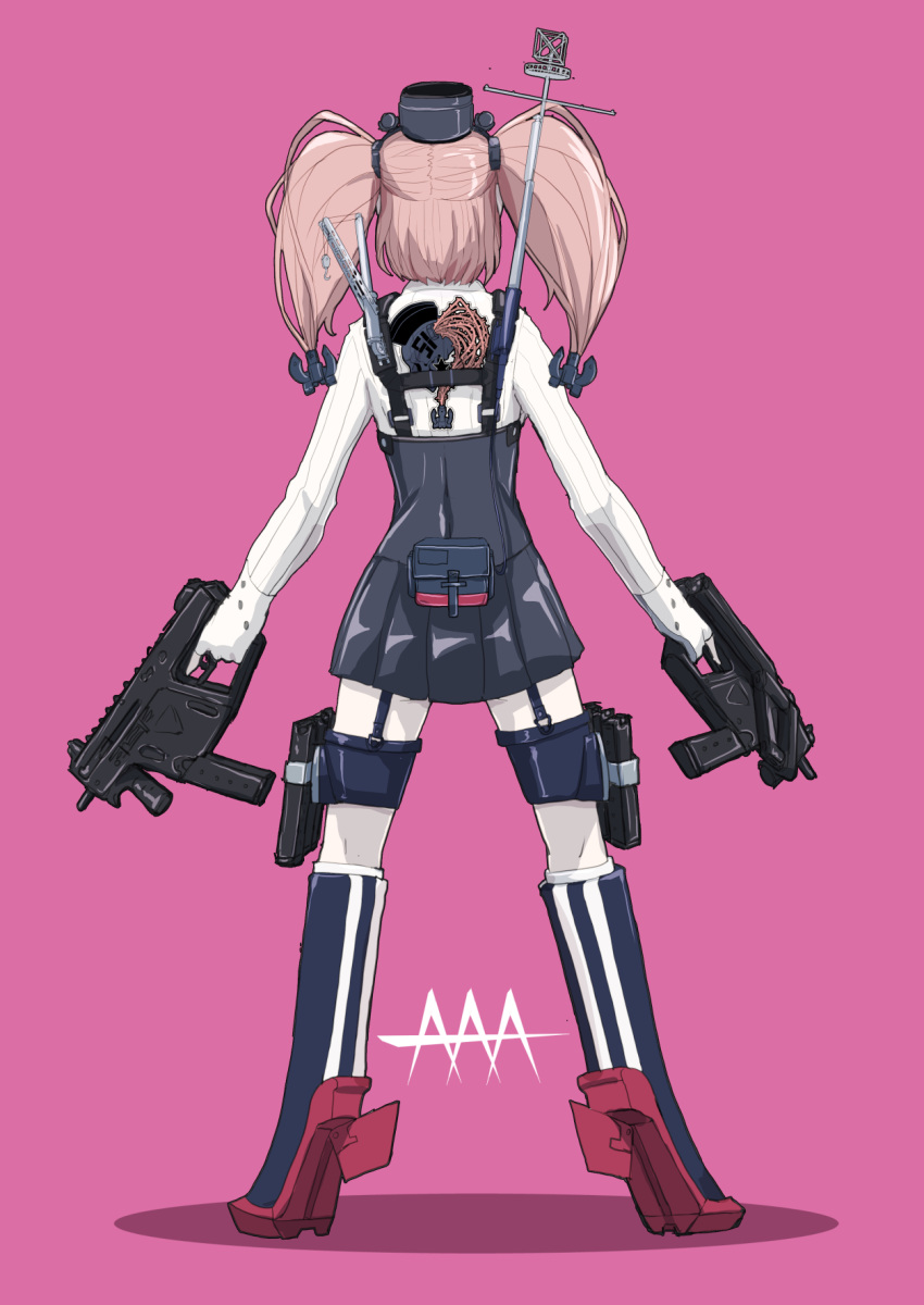 1girl anchor_hair_ornament atlanta_(kantai_collection) black_headwear black_skirt boots boushi-ya brown_hair dual_wielding from_behind garrison_cap garter_straps gloves gun hair_ornament hat headgear highres holding holding_gun holding_weapon kantai_collection kriss_vector long_hair long_sleeves partly_fingerless_gloves pink_background pouch rudder_footwear shadow shirt simple_background skirt solo standing submachine_gun suspender_skirt suspenders two_side_up weapon