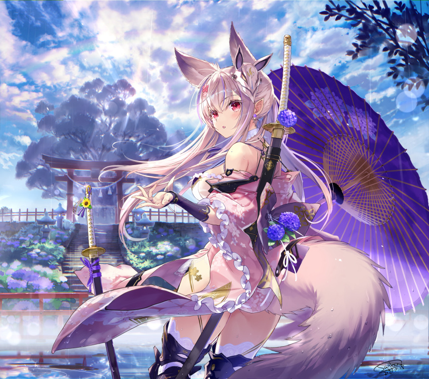 1girl animal_ears architecture armor armored_boots ass back bare_shoulders black_legwear blush boots breasts clouds cloudy_sky commentary_request cowboy_shot day dress earrings east_asian_architecture floating_hair floral_print flower fox_ears fox_mask fox_tail frill_trim frills from_behind hair_ornament highres hilt hydrangea japanese_clothes jewelry katana kimono large_breasts lens_flare long_hair looking_at_viewer mask mask_on_head off-shoulder_dress off_shoulder open_mouth oriental_umbrella original outdoors print_kimono rain rainbow red_eyes sanbasou sheath sheathed short_kimono shrine sidelocks signature silver_hair sky solo standing sun_flare sunlight sword sword_behind_back tail thigh-highs torii tree umbrella water weapon weapon_on_back wet white_legwear wide_sleeves