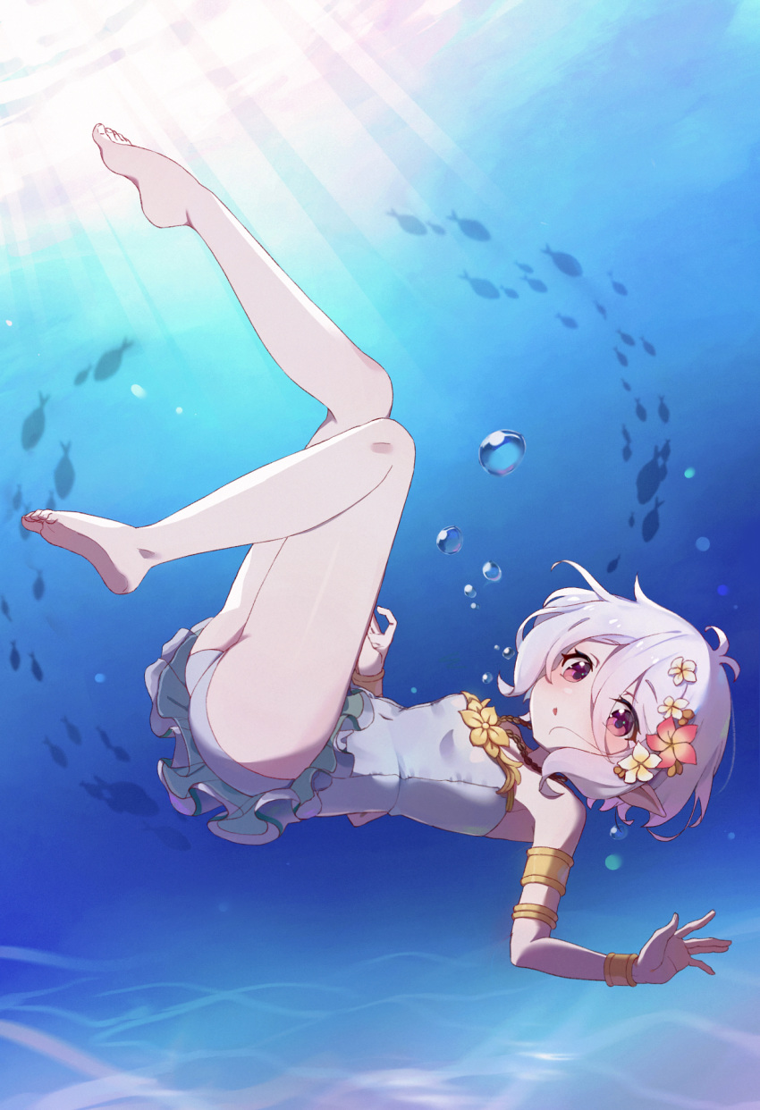 1girl armband ass bubble elf eyebrows_visible_through_hair fish flower frilled_swimsuit frills hair_flower hair_ornament halterneck highres kokkoro_(princess_connect!) looking_at_viewer lunia ocean one-piece_swimsuit pink_eyes pointy_ears princess_connect! princess_connect!_re:dive short_hair sunlight swimming swimsuit underwater water white_hair