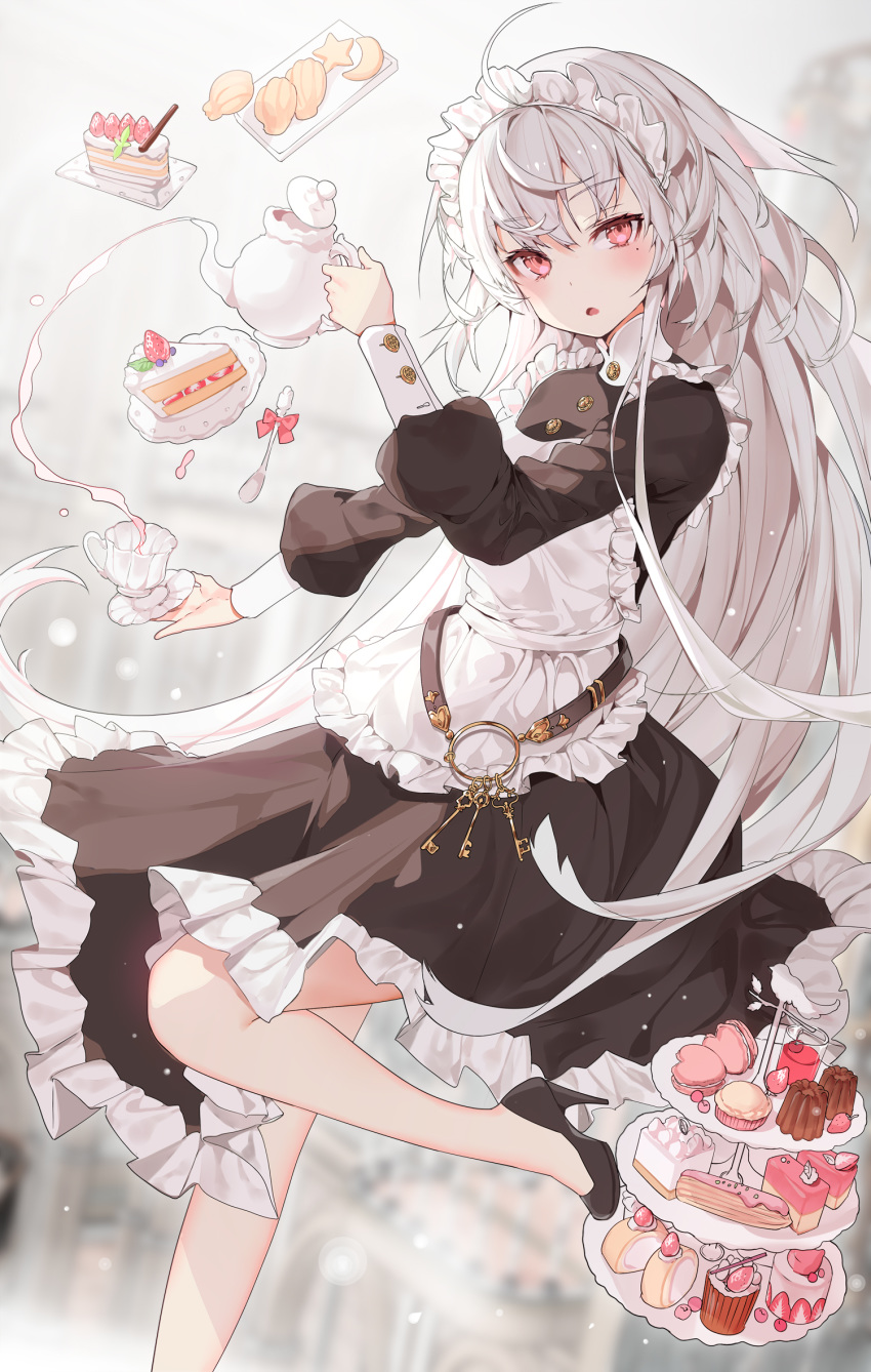 1girl ahoge apron bare_legs black_dress black_footwear blush cake cake_slice cup desert dessert dress eyebrows eyebrows_visible_through_hair food frilled_dress frills high_heels highres holding holding_cup holding_teapot key leg_up long_dress long_hair long_sleeves maid maid_apron maid_headdress mole mole_under_eye no_socks original parted_lips red_eyes ronopu sleeves standing standing_on_one_leg tiered_tray very_long_hair white_hair