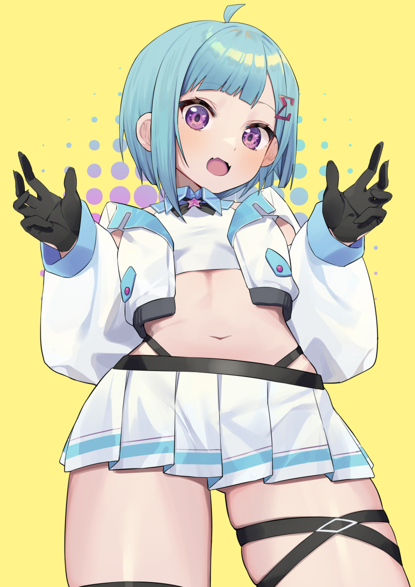 1girl :d absurdres ahoge bangs black_gloves blue_hair collared_shirt commentary_request cowboy_shot crop_top cropped_jacket eyebrows_visible_through_hair fangs gloves highres indie_virtual_youtuber jacket long_sleeves looking_at_viewer midriff miniskirt navel open_clothes open_jacket open_mouth pleated_skirt puffy_long_sleeves puffy_sleeves shirt short_hair sigmano simple_background skin_fangs skirt smile solo standing stomach syhan thigh_strap violet_eyes virtual_youtuber white_jacket white_shirt white_skirt yellow_background