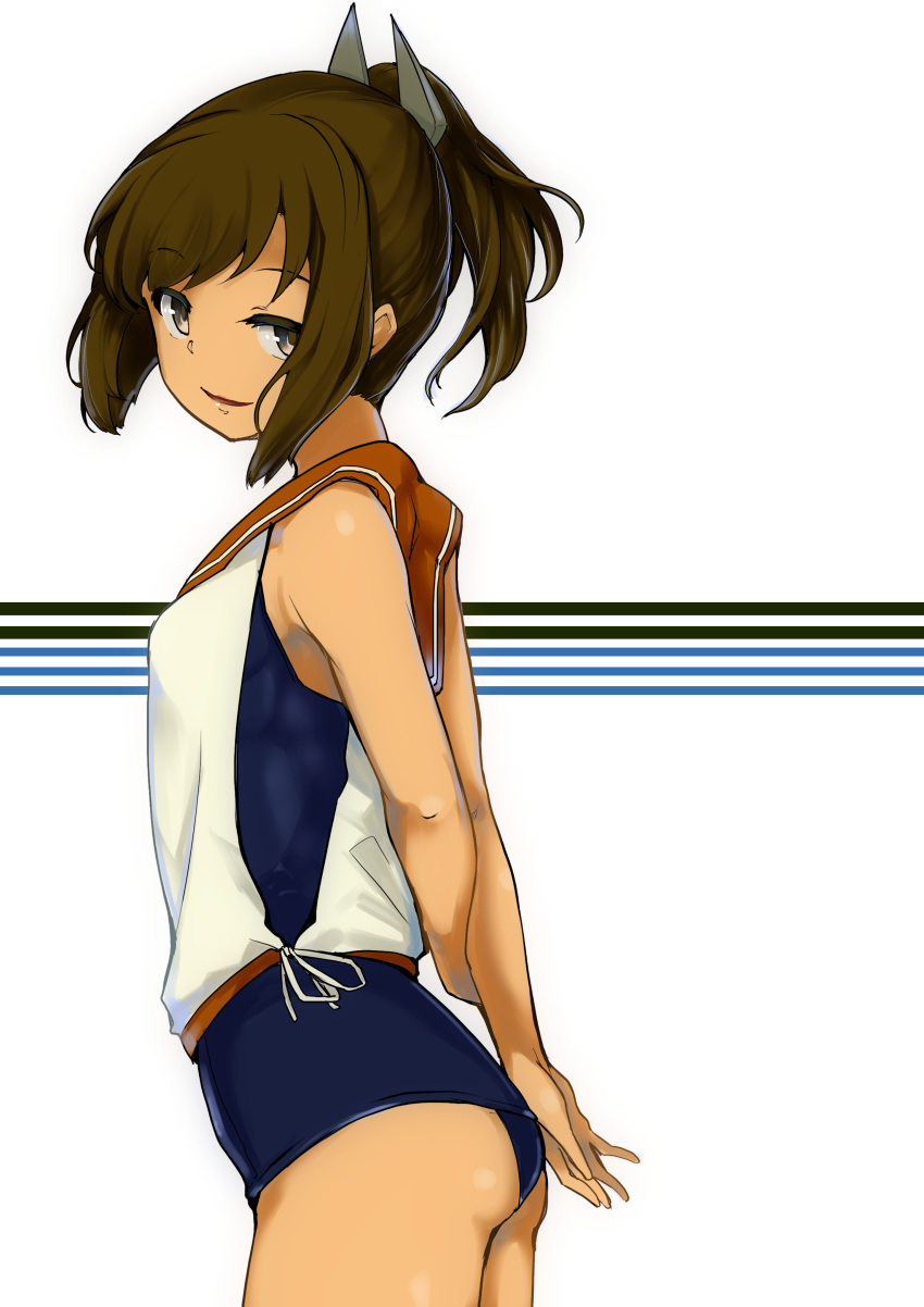 1girl absurdres arms_behind_back ass blue_swimsuit brown_eyes brown_hair cowboy_shot hair_ornament hairclip highres i-401_(kantai_collection) kantai_collection multicolored multicolored_background ponytail sailor_collar school_swimsuit shirt short_hair side-tie_shirt sleeveless sleeveless_shirt solo standing swimsuit swimsuit_under_clothes uni_(uni-strain) white_background