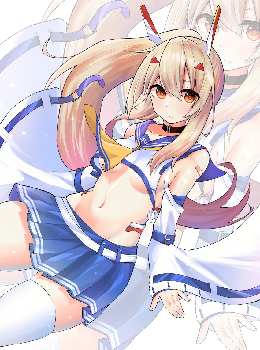 1girl absurdres ayanami_(azur_lane) azur_lane bandaid bandaid_on_arm bangs bare_shoulders belt black_collar blonde_hair blue_sailor_collar blue_skirt blush breasts closed_mouth collar collarbone commentary_request cowboy_shot crop_top detached_sleeves eyebrows_behind_hair groin hair_between_eyes hair_ornament headgear high_ponytail highres long_hair looking_at_viewer medium_breasts midriff navel neckerchief ogata_(daitikun0220) orange_eyes pleated_skirt ponytail retrofit_(azur_lane) sailor_collar school_uniform shirt sidelocks skindentation skirt thigh-highs under_boob white_background white_belt white_legwear white_shirt white_sleeves wide_sleeves yellow_neckwear zettai_ryouiki zoom_layer