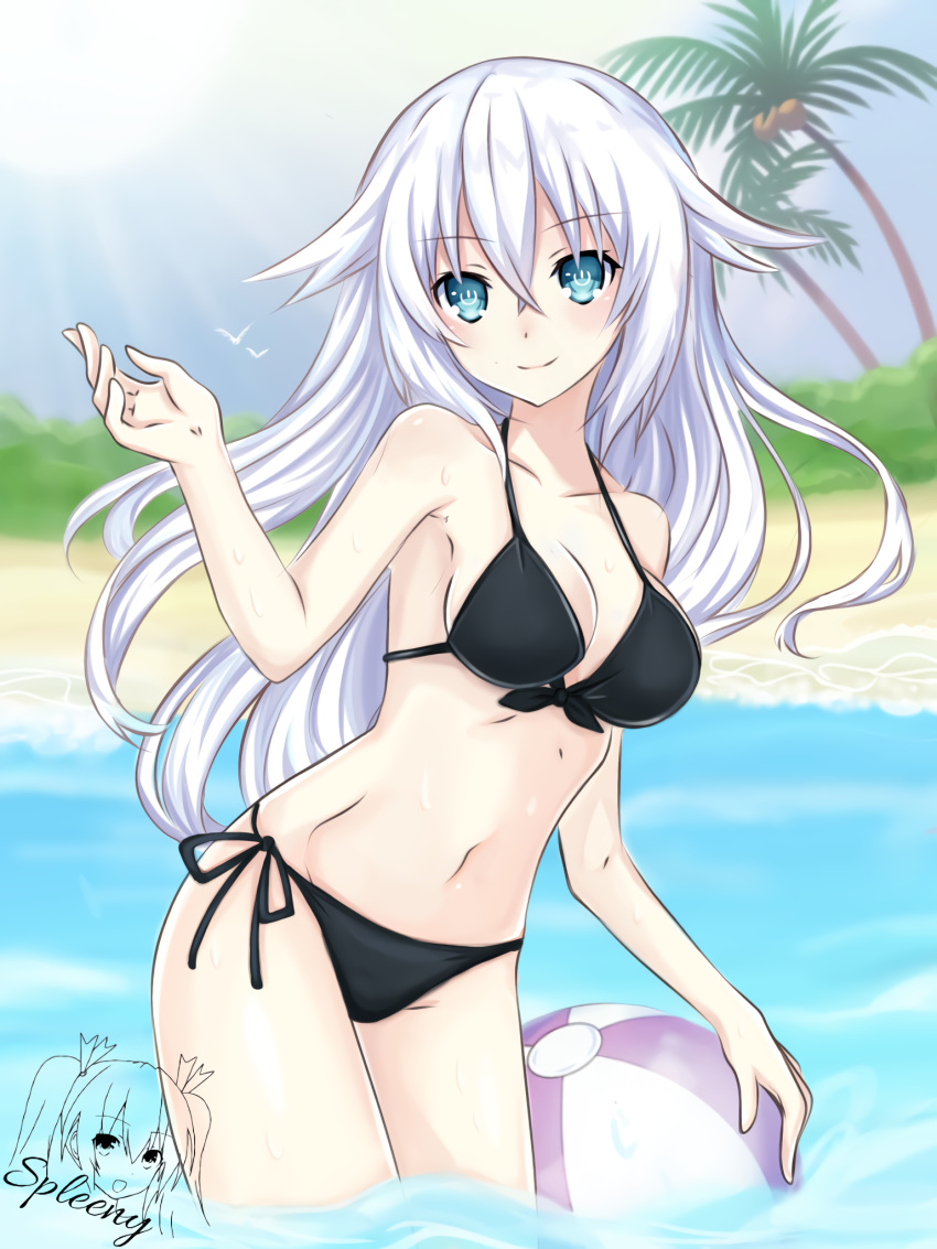 1girl aqua_eyes ball bare_arms bare_shoulders bikini black_bikini black_heart breasts cowboy_shot hand_up highres long_hair medium_breasts navel neptune_(series) power_symbol sand side-tie_bikini signature solo spleeny standing stomach swimsuit symbol_in_eye thighs wading water white_hair