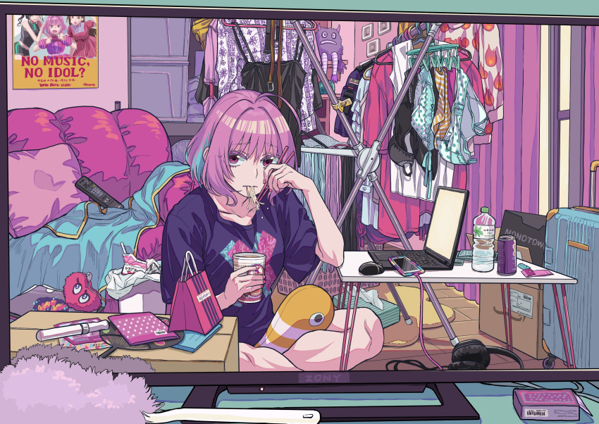 1girl absurdres bra chopsticks commentary_request computer eating fan food headphones highres idolmaster idolmaster_cinderella_girls laptop laundry looking_at_viewer mouse multicolored_hair nail_polish namiko817 noodles panties pink_eyes pink_hair reflection socks solo table television trash_can two-tone_hair underwear yumemi_riamu