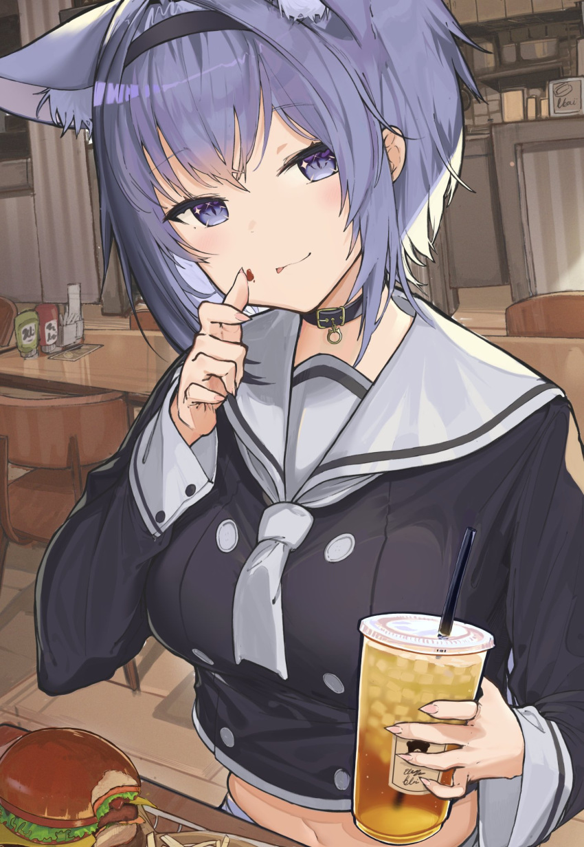 1girl animal_ears bob_cut breasts cat_ears cat_pendant chair choker collar condiment cup day disposable_cup drinking_straw fingernails fingers_to_mouth food hairband hamburger highres holding holding_cup hololive indoors licking_lips looking_at_viewer medium_breasts neckerchief nekomata_okayu purple_hair restaurant sailor_collar school_uniform sharp_fingernails shelf shirokuma_1231 sidelocks sitting smile soft_drink solo table tongue tongue_out tsurime upper_body violet_eyes