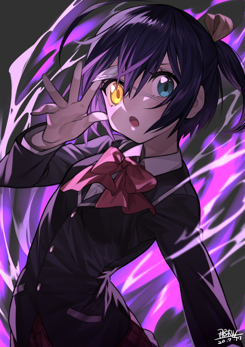 1girl :o absurdres bangs black_hair black_jacket blazer blue_eyes bow bowtie chuunibyou_demo_koi_ga_shitai! commentary_request dated eyepatch eyepatch_lift fire hair_between_eyes hair_ribbon hand_up heterochromia highres jacket looking_at_viewer one_side_up open_mouth pink_bow pink_neckwear pink_ribbon purple_fire ribbon school_uniform seyana short_hair signature solo takanashi_rikka upper_body yellow_eyes