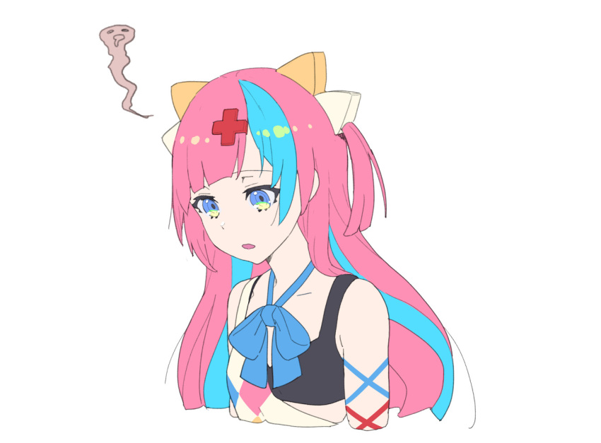 1girl bare_shoulders blue_bow blue_eyes blue_hair bow bowtie copyright_request cropped_torso cross_hair_ornament empty_eyes giving_up_the_ghost hair_ornament long_hair multicolored_hair nagisa_kurousagi parted_lips pink_hair ringed_eyes simple_background solo two-tone_hair two_side_up virtual_youtuber white_background