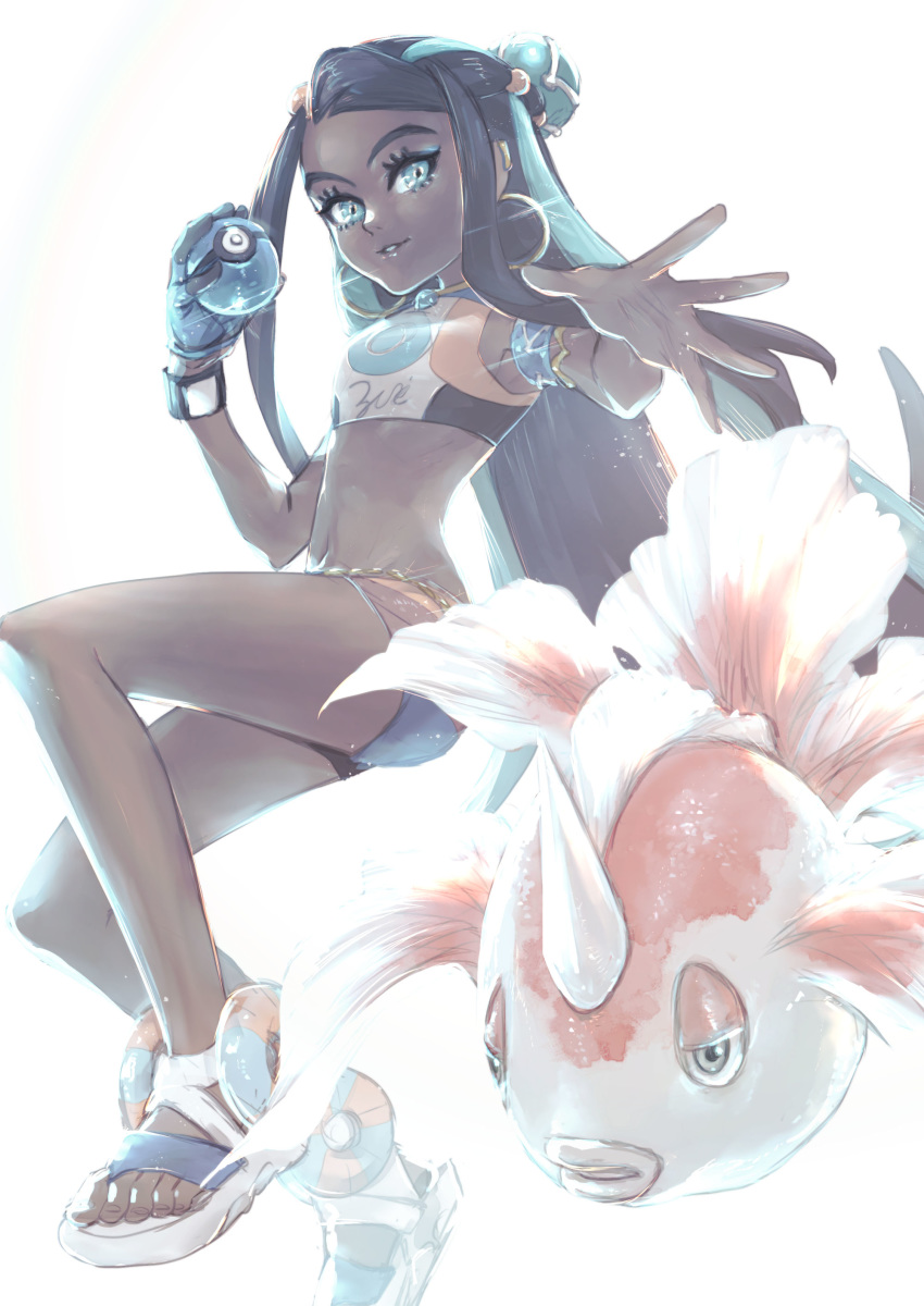 1girl absurdres armlet belly_chain black_hair commentary dark_skin dive_ball earrings eyelashes eyeshadow feet gen_1_pokemon gloves goldeen gym_leader hair_bun highres holding holding_poke_ball hoop_earrings jewelry long_hair looking_at_viewer makeup multicolored_hair navel necklace noie_(neunteedelstein) poke_ball pokemon pokemon_(creature) pokemon_(game) pokemon_swsh rurina_(pokemon) sandals single_glove spread_fingers toes two-tone_hair white_background