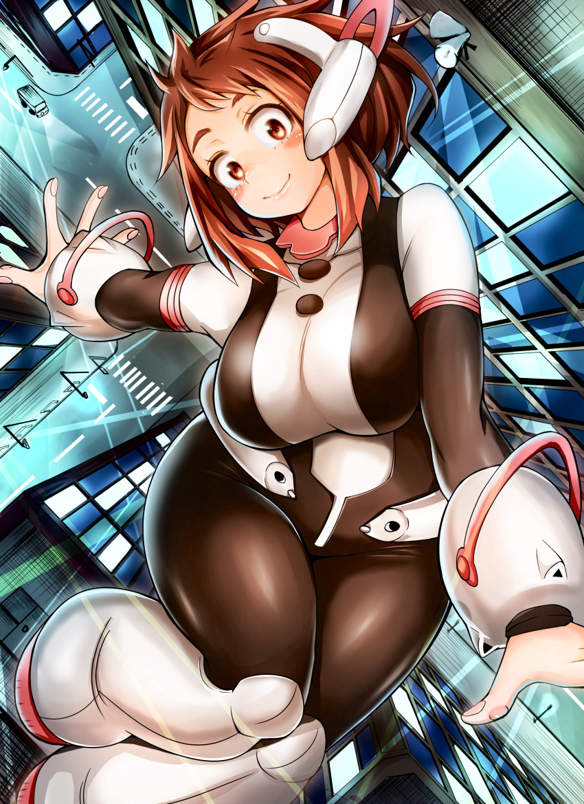 1girl absurdres adahcm black_bodysuit blush_stickers bodysuit boku_no_hero_academia boots breasts brown_eyes brown_hair building city commentary_request curvy floating gloves headgear highres large_breasts looking_at_viewer plump short_hair sidelocks skin_tight skyscraper smile solo uraraka_ochako white_footwear white_gloves