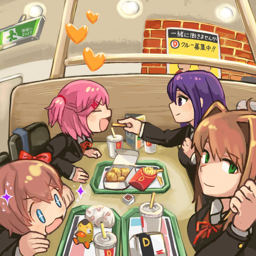 4girls absurdres ahoge bangs blazer blue_eyes blush brand_name_imitation buchi0122 chicken_nuggets closed_eyes closed_mouth commentary_request cup disposable_cup doki_doki_literature_club eyebrows_visible_through_hair fast_food feeding food french_fries green_eyes hair_intakes hair_ornament hair_ribbon hairclip heart highres jacket looking_at_viewer monika_(doki_doki_literature_club) multiple_girls natsuki_(doki_doki_literature_club) open_mouth ribbon sayori_(doki_doki_literature_club) smile sparkle sparkling_eyes violet_eyes yuri_(doki_doki_literature_club)