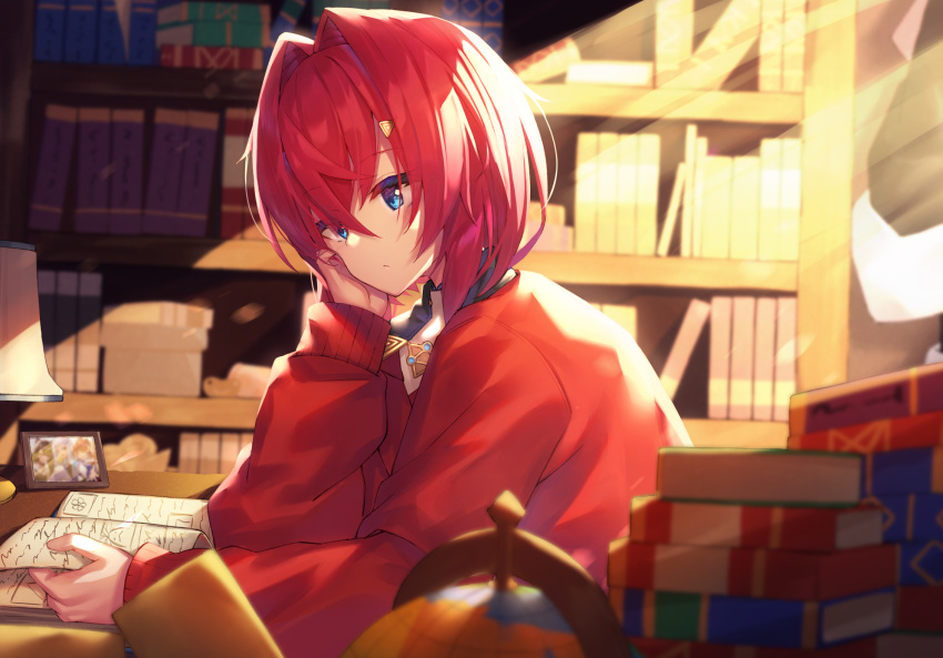 1girl ange_katrina bangs blue_eyes blurry blurry_foreground book book_stack bookshelf collared_shirt commentary_request depth_of_field desk_lamp eyebrows_visible_through_hair hair_between_eyes hair_intakes hair_ornament hairclip highres indoors inui_toko jacket lamp lize_helesta nijisanji open_book photo_(object) red_jacket redhead shirt short_hair solo virtual_youtuber white_shirt yuuki_nao_(pixiv10696483)