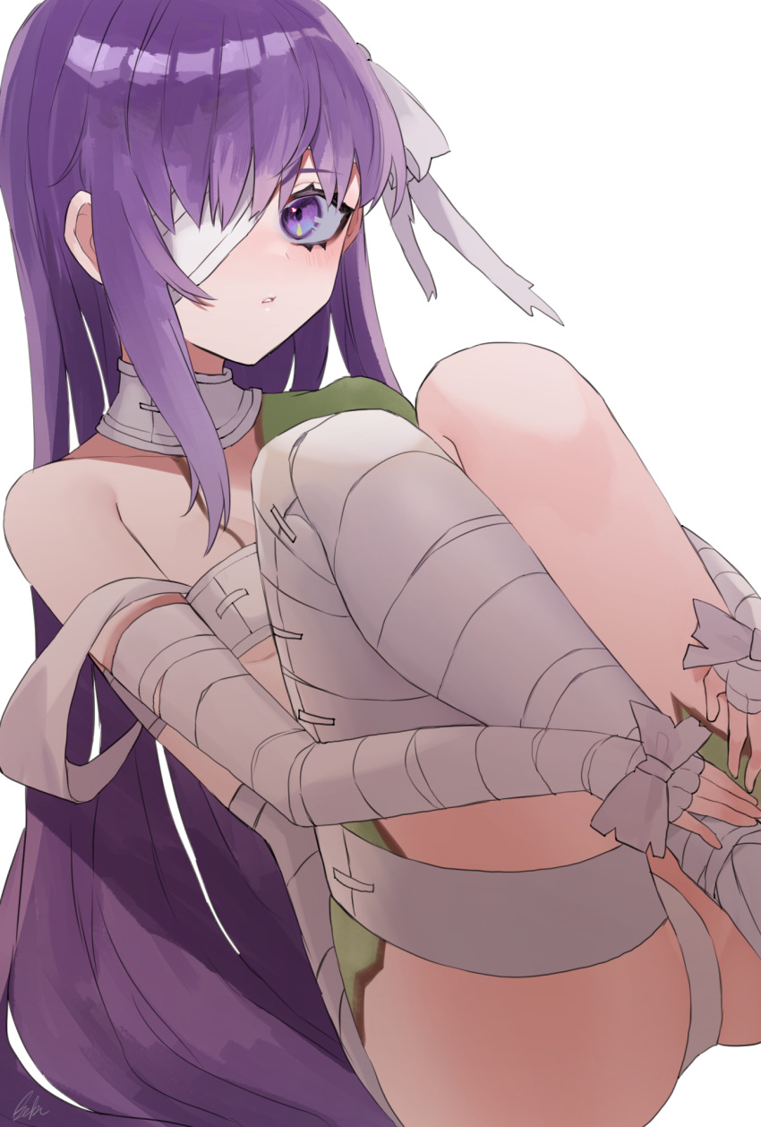 1girl ass bandage_over_one_eye bandaged_arm bandaged_head bandaged_leg bandages bangs bebe_pp blush breasts closed_mouth fate/extra fate/extra_ccc fate_(series) highres kingprotea knees_up legs long_hair looking_at_viewer moss naked_bandage parted_lips purple_hair sitting small_breasts very_long_hair violet_eyes