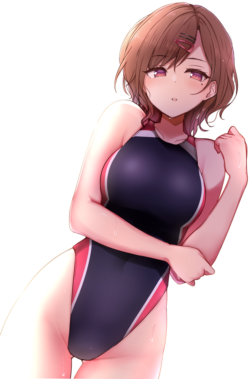 1girl absurdres azu_ankoowl brown_hair collarbone commentary_request competition_swimsuit cowboy_shot hair_ornament hairclip highleg highleg_swimsuit highres higuchi_madoka idolmaster idolmaster_shiny_colors looking_at_viewer one-piece_swimsuit red_eyes short_hair simple_background solo swimsuit white_background