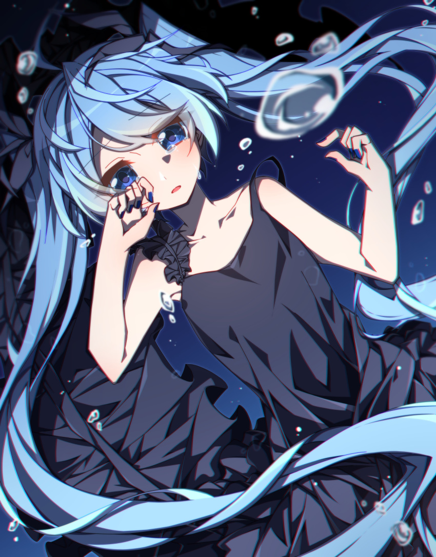 1girl absurdly_long_hair absurdres ahoge aosaki_yato black_dress blue_eyes blue_nails bubble cowboy_shot crying crying_with_eyes_open dress dutch_angle frilled_dress frills hands_up hatsune_miku highres light_blue_hair long_hair looking_at_viewer nail_polish open_mouth shinkai_shoujo_(vocaloid) solo tears twintails underwater very_long_hair vocaloid wiping_tears