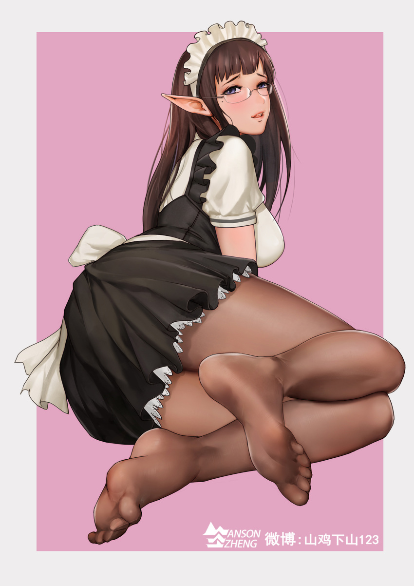 1girl anson_zheng apron arm_support ass bangs barefoot black_dress blue_eyes blush border breasts brown_hair dress elf feet frills from_behind highres large_breasts leg_up legs long_hair looking_at_viewer looking_back lying maid maid_apron maid_dress maid_headdress mole mole_under_eye nose on_side open_mouth original pink_lips pointy_ears puffy_sleeves short_sleeves sidelocks sitting soles solo toenails toes upper_teeth waist_apron white_apron white_border yokozuwari