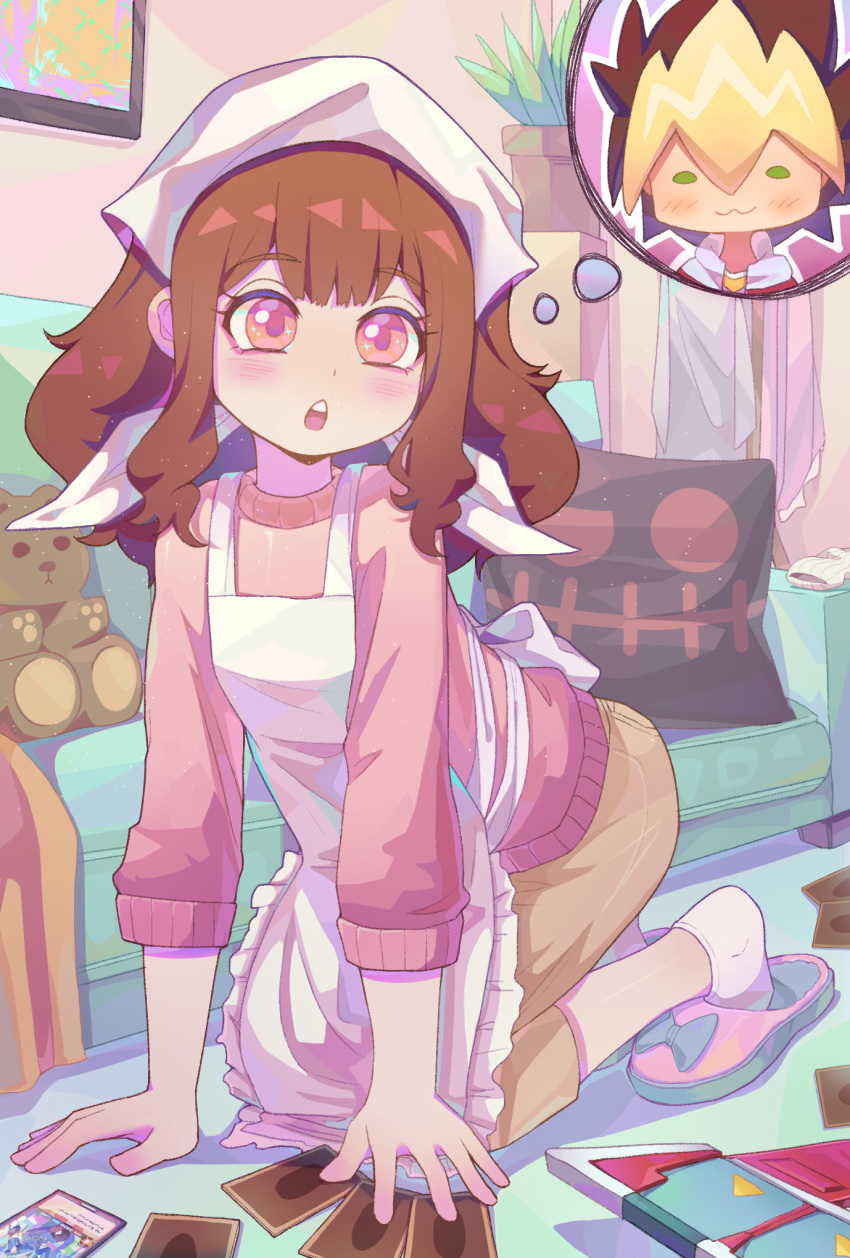 1girl apron atachi_mimi brown_hair couch highres indoors kneeling majio233 medium_hair oudou_yuga pillow pink_eyes pink_footwear pink_shirt plant potted_plant shirt slippers socks solo stuffed_animal stuffed_toy teddy_bear thought_bubble trading_card white_headwear yu-gi-oh! yu-gi-oh!_sevens