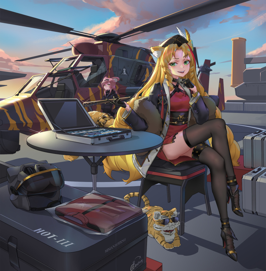 2girls aircraft animal animal_ears arknights black_footwear black_gloves blonde_hair breasts chinese_clothes coat crossed_legs gloves green_eyes helicopter high_heels highres lin_yuhsia_(arknights) medium_breasts multiple_girls open_mouth pink_hair sima_naoteng sitting smile swire_(arknights) thigh-highs tiger_ears vehicle war_thunder weapon yellow_eyes