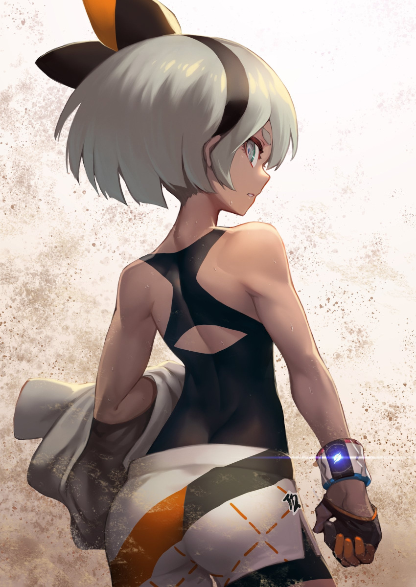 1girl absurdres ass bangs bare_shoulders black_bodysuit black_hairband bodysuit bodysuit_under_clothes commentary_request dynamax_band eyelashes gloves grey_hair gym_leader hairband highres holding looking_at_viewer looking_back nakamura_eight parted_lips pokemon pokemon_(game) pokemon_swsh print_shorts saitou_(pokemon) short_hair shorts solo sweat teeth wristband