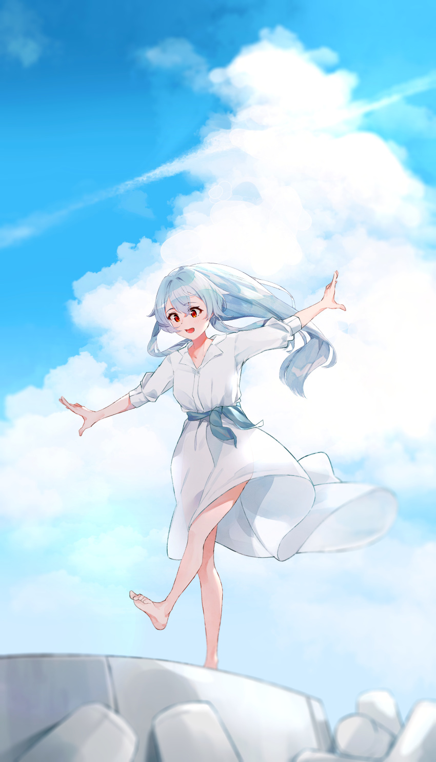 1girl absurdres bangs barefoot blue_sky blush breasts contemporary dress fate/grand_order fate_(series) feet hair_between_eyes highres large_breasts legs long_hair open_mouth red_eyes rock sash short_sleeves silver_hair sky smile tomoe_gozen_(fate/grand_order) vegetablenabe white_dress