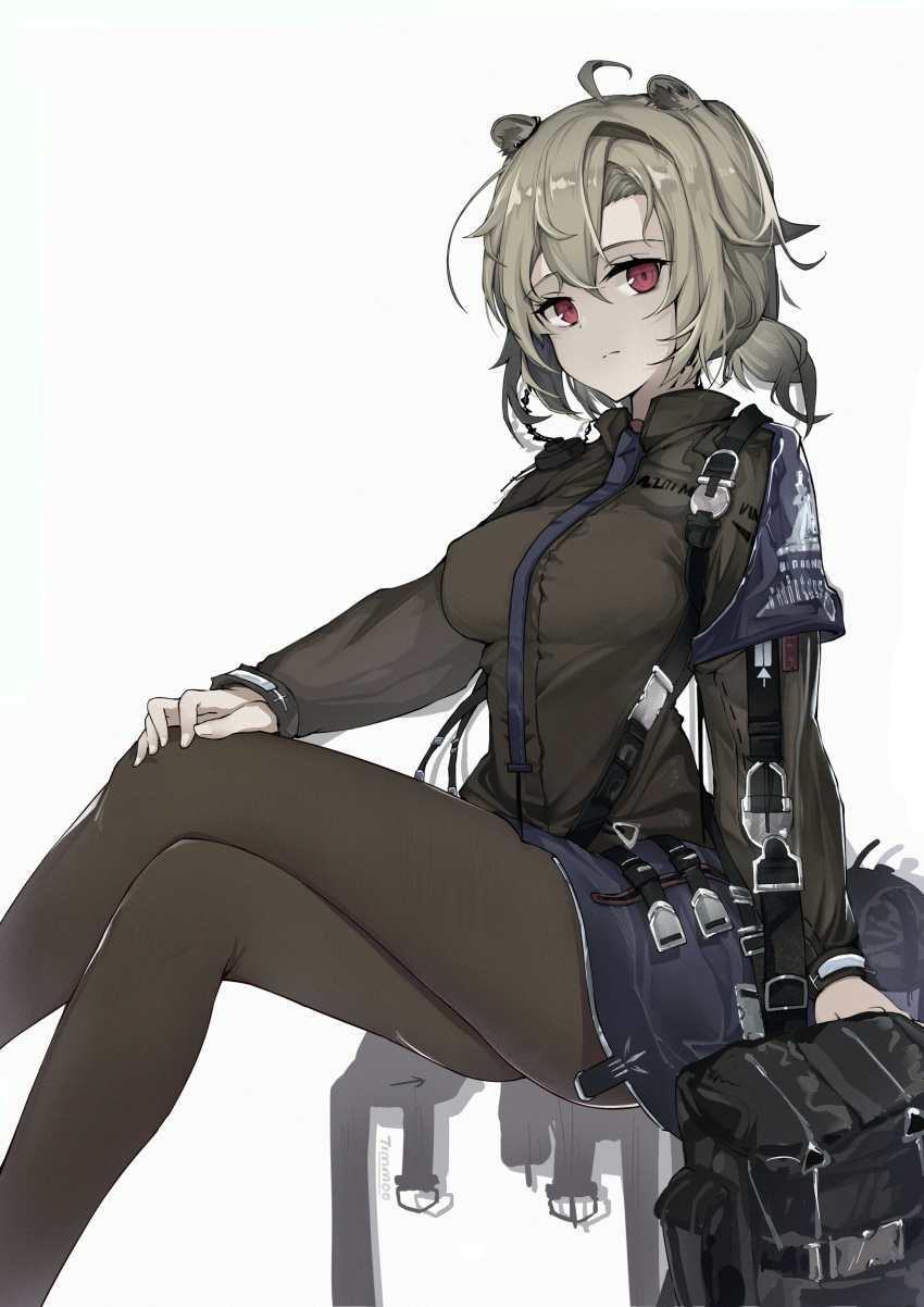 1girl absinthe_(arknights) absurdres ahoge animal_ears arknights bag bangs bear_ears black_jacket black_legwear breasts commentary_request feet_out_of_frame grey_hair hair_between_eyes highres huge_filesize invisible_chair jacket long_sleeves looking_at_viewer medium_breasts pantyhose partial_commentary red_eyes short_hair simple_background sitting solo thighs timmoo white_background