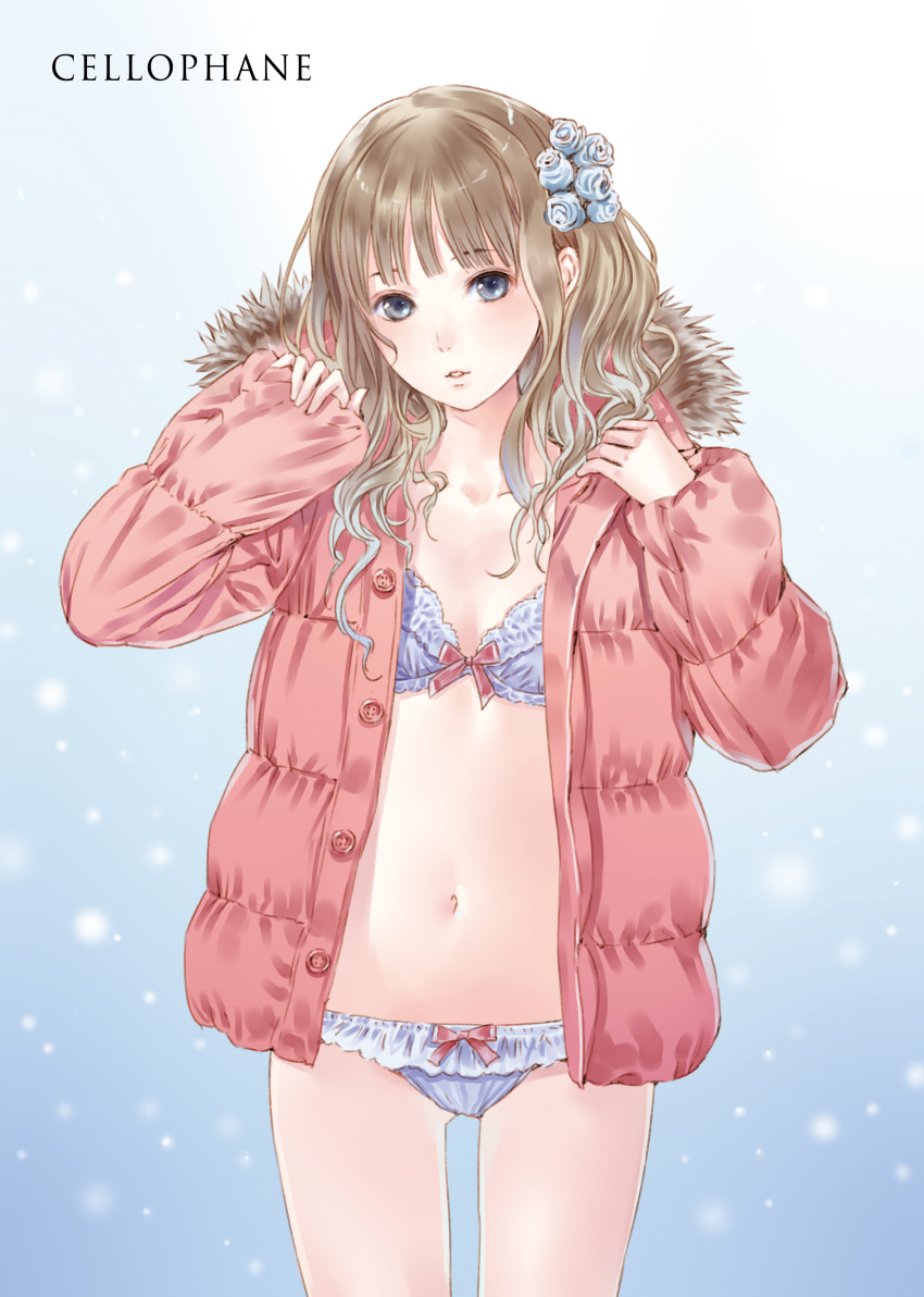 1girl absurdres bangs blue_bra blue_eyes blue_panties blunt_bangs blush bow bow_bra bow_panties bra brown_hair buttons coat collarbone cowboy_shot flat_chest flower frilled_panties frills fur_collar fur_trim gradient gradient_background hair_flower hair_ornament head_tilt highres kishida_mel lace lace-trimmed_bra light_smile lingerie long_hair long_sleeves looking_at_viewer navel open_clothes open_coat original panties parted_lips pink_coat pink_ribbon red_bow ribbon sleeves_past_wrists snowing solo standing stomach unbuttoned underwear wavy_hair winter_clothes winter_coat