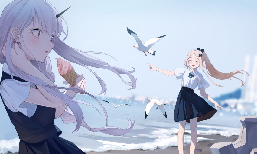 2girls :d ^_^ abigail_williams_(fate/grand_order) alternate_hairstyle animal bangs beach bird black_bow black_skirt black_vest blonde_hair blue_bow blurry blurry_background blush bow closed_eyes collared_shirt commentary_request day depth_of_field dress_shirt eyebrows_visible_through_hair fate/grand_order fate_(series) foam forehead grey_hair hair_bow highres horns lavinia_whateley_(fate/grand_order) long_hair multiple_girls open_mouth outdoors parted_bangs pleated_skirt polka_dot polka_dot_bow ponytail profile red_eyes seagull shirt short_sleeves sidelocks single_horn skirt smile very_long_hair vest water waves white_shirt yukiyama_momo