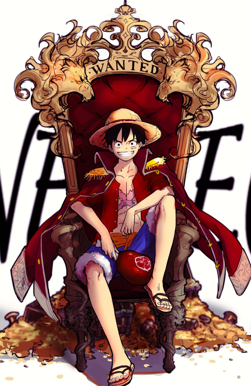 1boy absurdres black_eyes black_hair chest_scar commentary english_text food hat highres holding holding_food meat monkey_d_luffy one_piece rakugaki_suruhito sandals scar sitting smile straw_hat throne