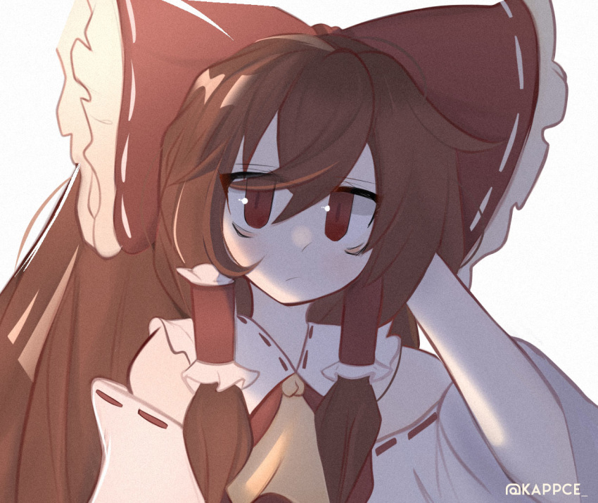 1girl arm_behind_head arm_up artist_name bangs bow brown_eyes brown_hair closed_mouth detached_sleeves eyebrows_visible_through_hair hair_between_eyes hair_bow hair_tubes hakurei_reimu kappce long_hair looking_at_viewer red_bow simple_background solo swept_bangs touhou twitter_username upper_body white_background