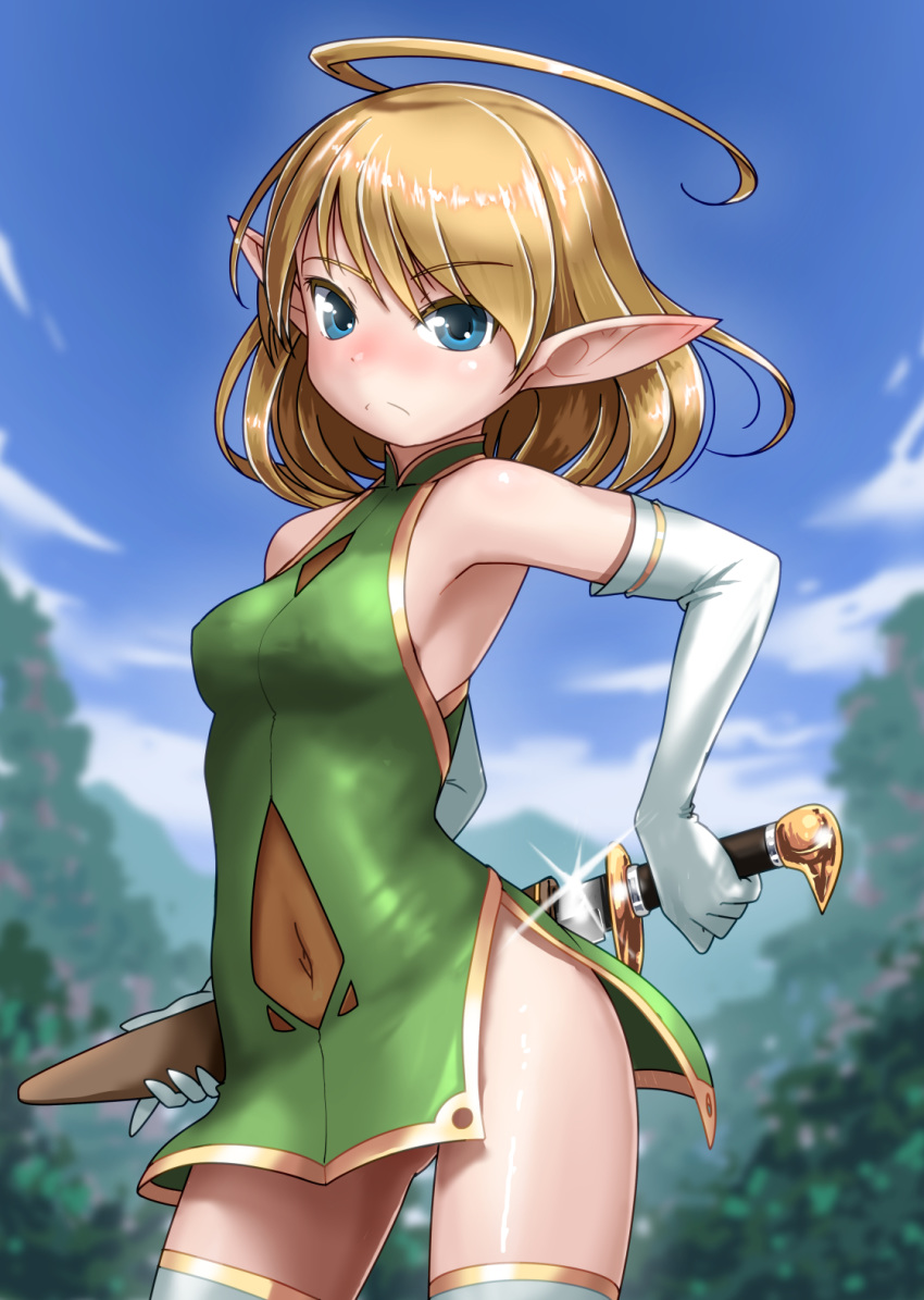 1girl ahoge ass_visible_through_thighs bangs bare_shoulders blonde_hair blue_eyes blurry blurry_background blush breasts closed_mouth commentary_request covered_navel day depth_of_field dress elbow_gloves elf eyebrows_visible_through_hair glint gloves green_dress highres holding holding_sheath holding_sword holding_weapon looking_at_viewer original outdoors pointy_ears rohitsuka see-through sheath sleeveless sleeveless_dress small_breasts solo standing sword thigh-highs unsheathing weapon white_gloves white_legwear zettai_ryouiki