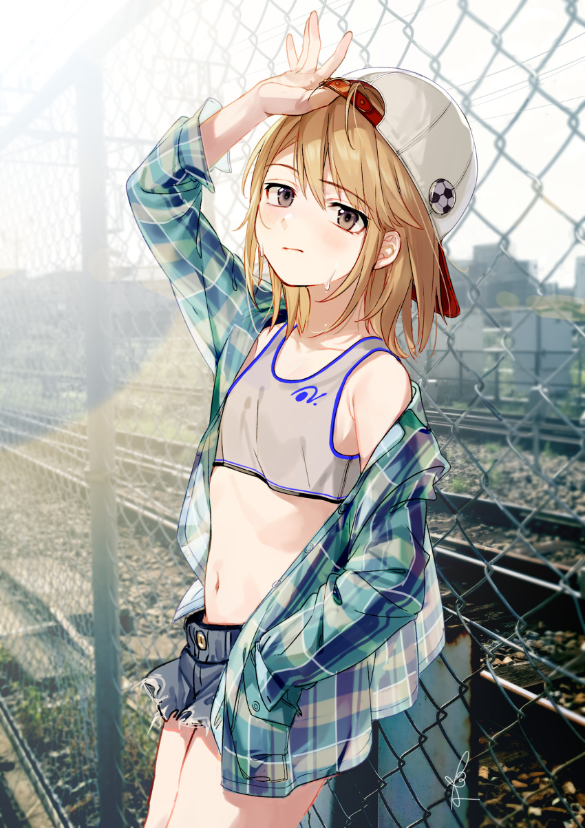 1girl al_mican bangs bare_shoulders blue_jacket blush brown_eyes collarbone commentary_request crop_top day denim denim_shorts eyebrows_visible_through_hair fence flat_chest highres idolmaster idolmaster_cinderella_girls jacket long_hair long_sleeves looking_at_viewer navel open_clothes open_jacket orange_hair outdoors shirt shorts signature soccer_ball_hair_ornament solo sweat white_headwear white_shirt yuuki_haru