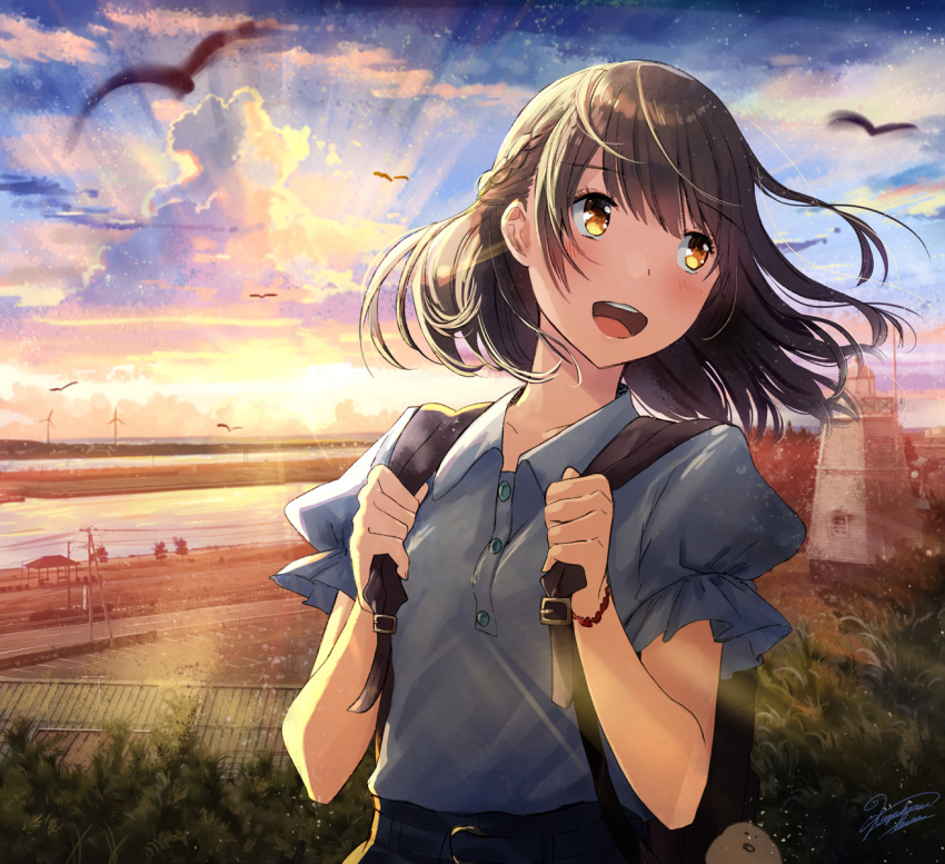 1girl backpack bag bird blush braid brown_eyes brown_hair french_braid highres kazuharu_kina kimie light_particles light_rays looking_to_the_side official_art open_mouth original puffy_short_sleeves puffy_sleeves river school_uniform short_sleeves signature sky smile solo sunlight sunset