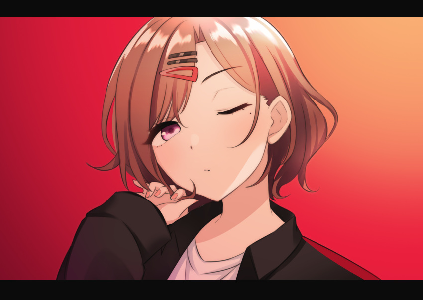 1girl artist_request black_jacket brown_hair close-up commentary_request gradient gradient_background hair_ornament hairclip highres higuchi_madoka idolmaster idolmaster_shiny_colors jacket long_sleeves looking_at_viewer mole mole_under_eye one_eye_closed pink_nails red_background shirt short_hair simple_background solo upper_body violet_eyes white_shirt