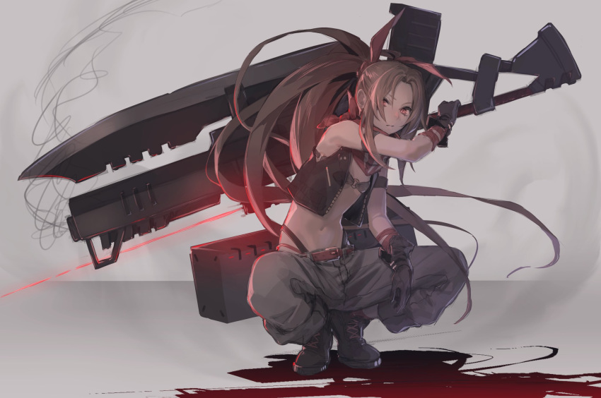 1girl arm_strap bandana bare_shoulders belt black_footwear black_gloves blade brown_hair deluxe&lt;&lt;&lt; earrings gloves grey_background gun gunblade highres holding holding_gun holding_weapon huge_weapon jewelry long_hair navel original parted_lips ponytail red_bandana red_eyes sketch slit_pupils smoke solo squatting weapon zipper