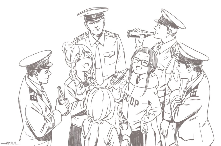 3girls 4boys :d =_= brown_theme character_request cigarette clothes_writing communism drinking fang hair_bun hair_ornament hair_scrunchie hand_on_hip hat holding holding_cigarette hood hoodie horikou inuyama_aoi kagamihara_nadeshiko long_sleeves low_ponytail military military_hat military_uniform monochrome multiple_boys multiple_girls open_mouth scrunchie simple_background skin_fang smile smoking soldier soviet uniform white_background yurucamp