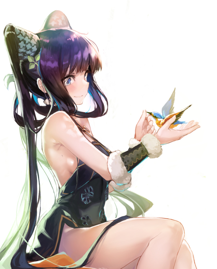 1girl akieda bangs bare_shoulders bird black_dress blue_eyes blunt_bangs blush breasts china_dress chinese_clothes closed_mouth detached_sleeves dress fate/grand_order fate_(series) hair_ornament highres leaf_hair_ornament long_hair medium_breasts purple_hair side_slit sidelocks simple_background sitting smile thighs twintails very_long_hair yang_guifei_(fate/grand_order)