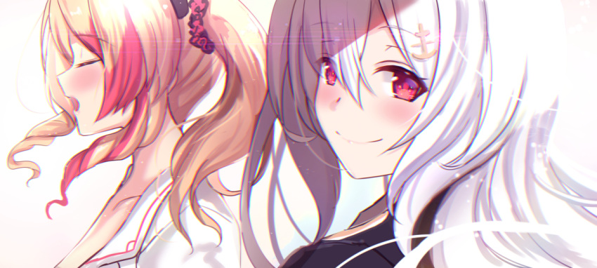 2girls blonde_hair blush closed_eyes closed_mouth copyright_request hair_ornament long_hair looking_at_viewer multicolored_hair multiple_girls open_mouth profile red_eyes silver_hair simple_background smile streaked_hair twintails untue white_background