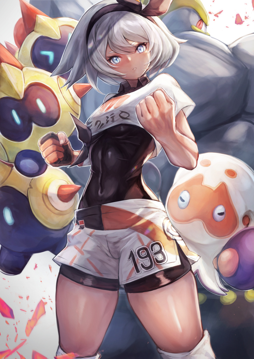 1girl absurdres bangs black_bodysuit black_hairband bodysuit bodysuit_under_clothes breasts clenched_hands clobbopus closed_mouth collared_shirt commentary_request covered_navel dynamax_band eyelashes falinks ganmenkurei_(ani) gen_1_pokemon gen_8_pokemon gloves grey_eyes grey_hair gym_leader hair_between_eyes hairband highres knee_pads looking_at_viewer machamp pokemon pokemon_(creature) pokemon_(game) pokemon_swsh print_shirt print_shorts saitou_(pokemon) shirt short_hair short_sleeves shorts single_glove tied_shirt