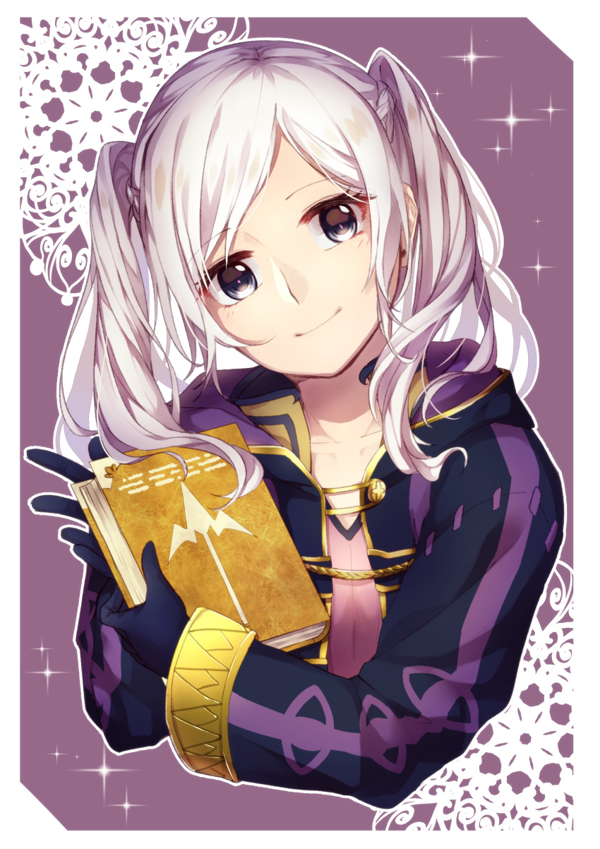 1girl absurdres bangs black_gloves closed_mouth collarbone cropped_torso fire_emblem fire_emblem_awakening gloves grey_eyes head_tilt highres holding long_hair looking_at_viewer purple_background robin_(fire_emblem) robin_(fire_emblem)_(female) silver_hair smile solo swept_bangs tida_2112 twintails