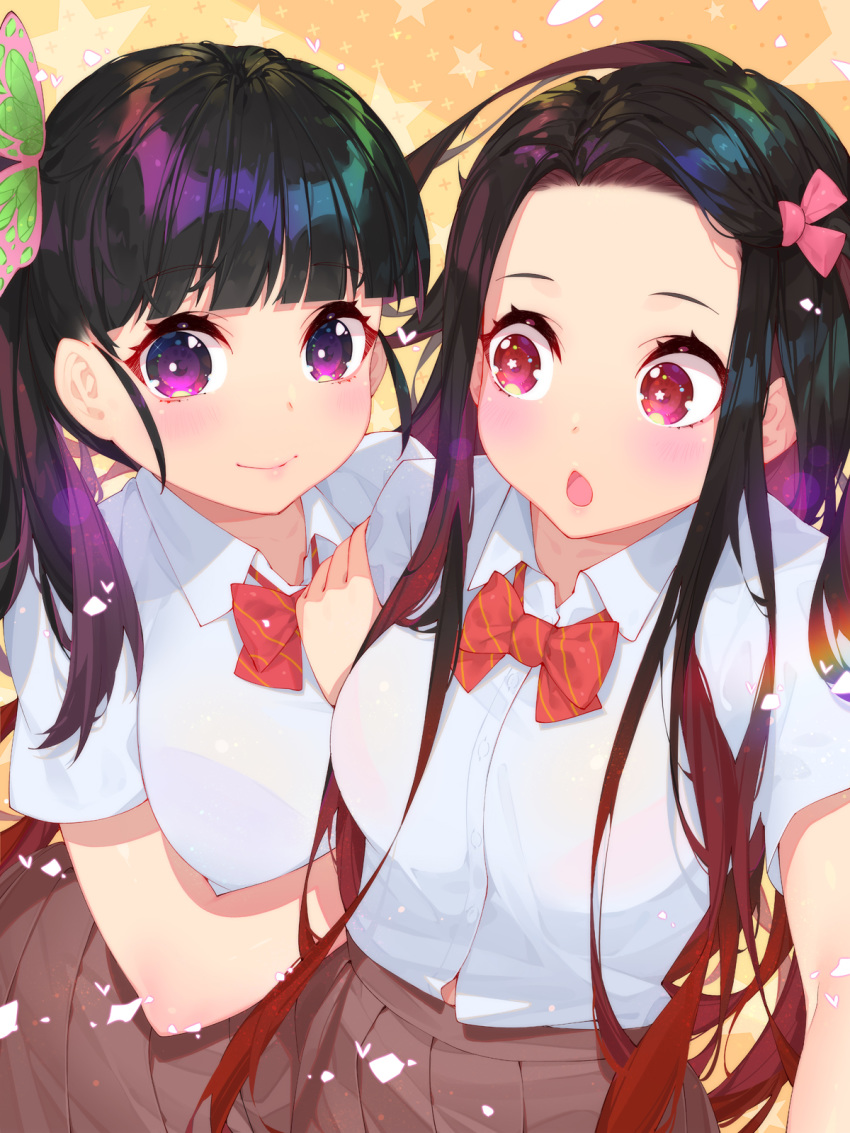 2girls :o arm_hug bangs black_hair black_skirt blunt_bangs blush bow bowtie breasts bright_pupils butterfly_hair_ornament closed_mouth collared_shirt commentary_request cowboy_shot dress_shirt forehead gradient_hair hair_ornament hair_ribbon highres kamado_nezuko kimetsu_no_yaiba looking_at_another looking_at_viewer looking_to_the_side medium_breasts multicolored_hair multiple_girls outstretched_arm pink_eyes pink_ribbon pleated_skirt ponytail purple_hair red_bow red_neckwear redhead ribbon school_uniform self_shot shirt short_sleeves skirt smile star_(symbol) star_in_eye starry_background striped striped_bow striped_neckwear symbol_in_eye tsuyuri_kanao two-tone_hair violet_eyes waterring white_shirt