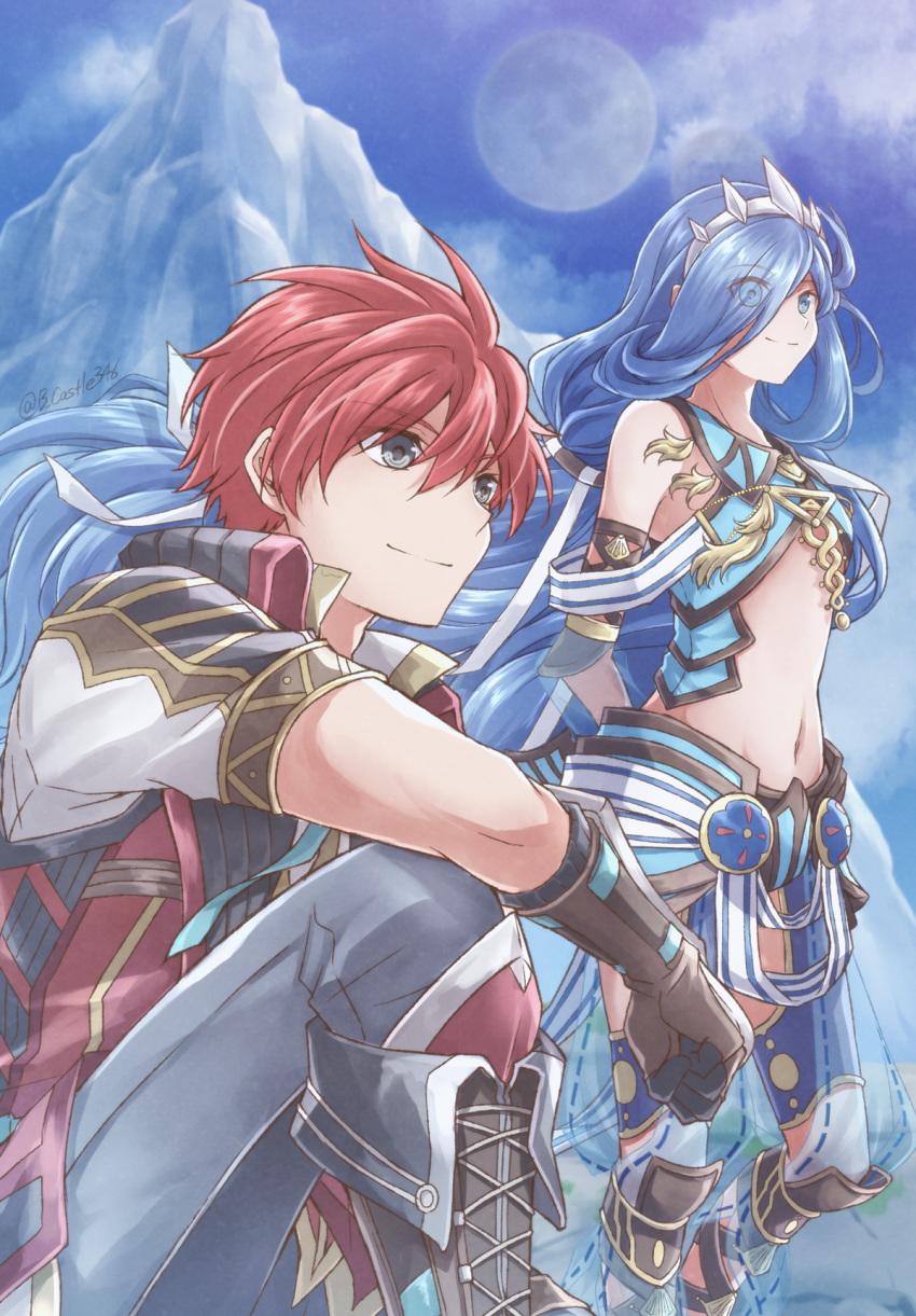 1boy 1girl adol_christin arm_behind_back bangs black_gloves blue_eyes blue_hair blue_sky closed_mouth dana_(ys) day eyebrows_visible_through_hair eyes_visible_through_hair floating_hair full_moon gloves grey_eyes grey_pants groin hair_between_eyes hair_over_one_eye highres long_hair midriff mishiro_(andante) moon navel outdoors pants redhead see-through shiny shiny_hair short_sleeves sitting sky smile standing stomach thigh-highs very_long_hair ys ys_viii_lacrimosa_of_dana