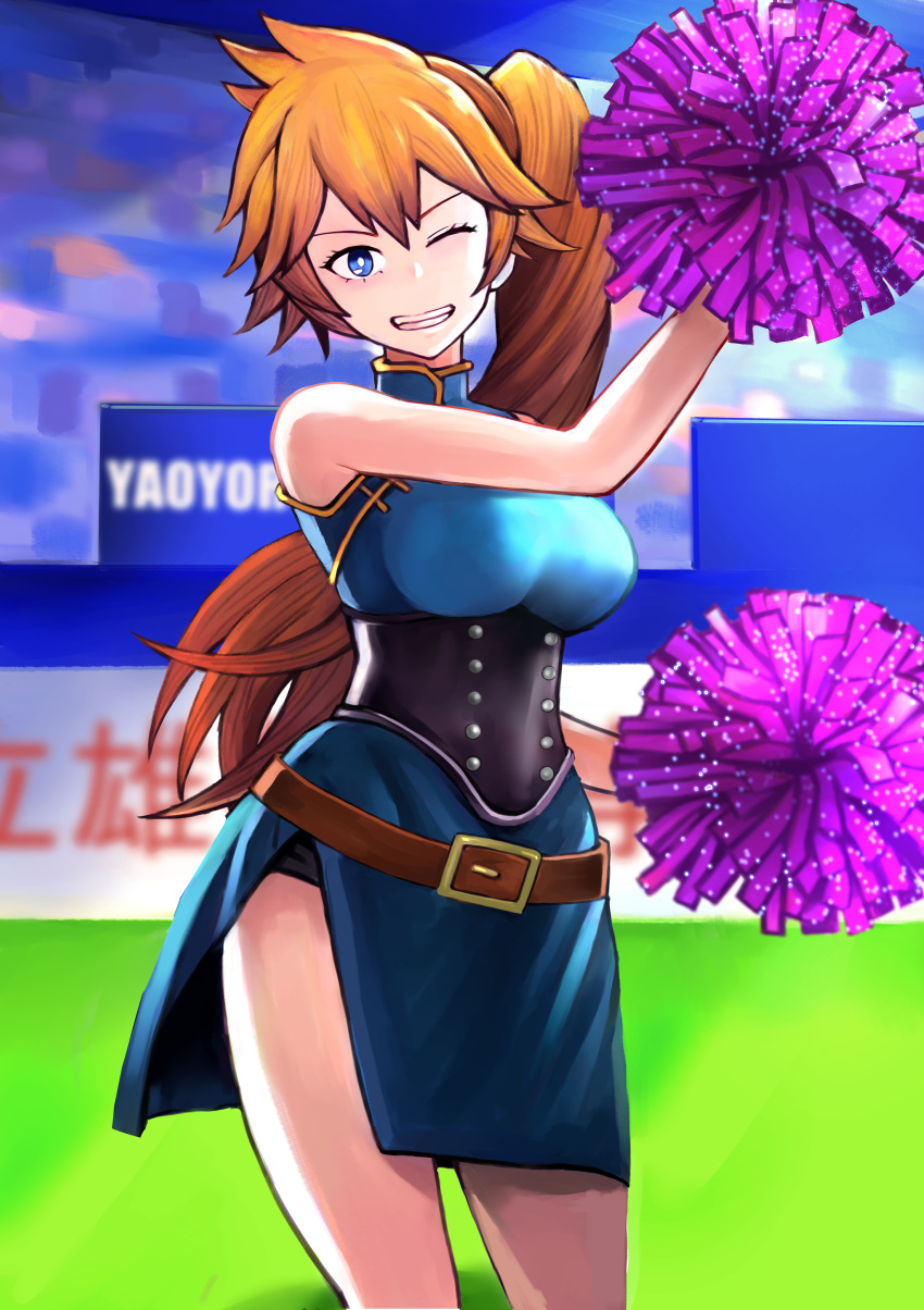 1girl absurdres black_corset blue_dress blue_eyes blush boku_no_hero_academia breasts brown_hair cheerleader commentary_request dress grin highres huge_filesize kendou_itsuka large_breasts long_hair looking_at_viewer maroniki_(arosama) one_eye_closed pom_poms short_dress side_ponytail side_slit sleeveless sleeveless_dress smile solo