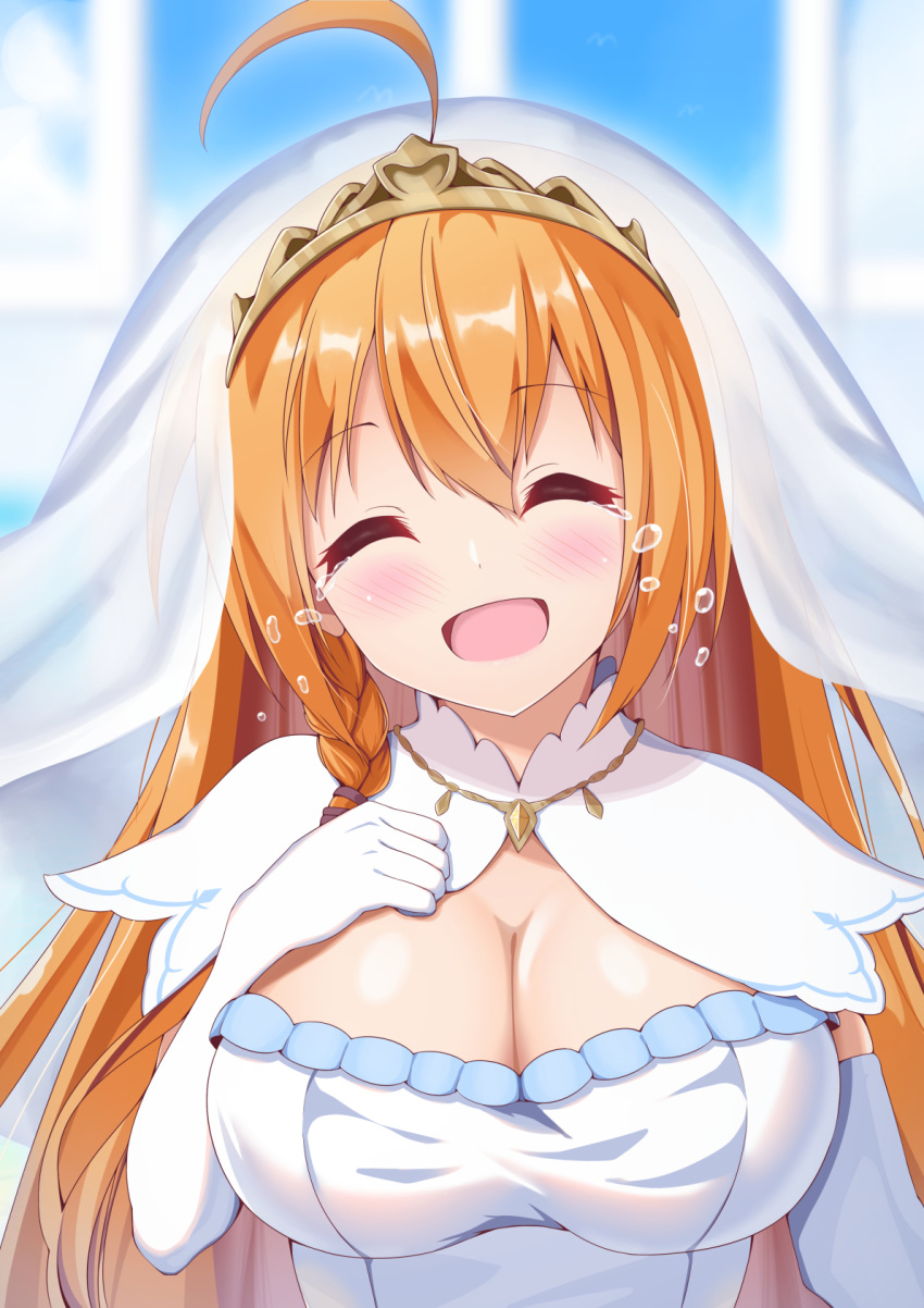 1girl :d ahoge blue_sky blurry blurry_background blush braid bridal_veil closed_eyes commentary_request dress elbow_gloves gloves hand_on_own_chest happy_tears highres long_hair open_mouth orange_hair pecorine princess_connect! princess_connect!_re:dive side_braid sky smile solo syurimp tears tiara upper_body veil very_long_hair wedding_dress white_dress white_gloves window