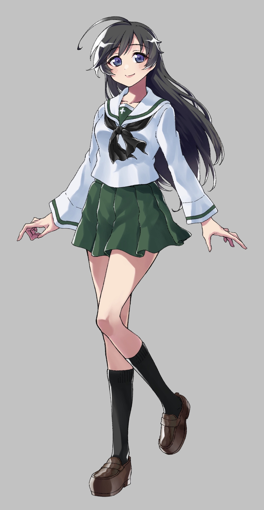 1girl absurdres ahoge bangs black_hair black_legwear black_neckwear blue_eyes blush breasts brown_footwear closed_mouth collarbone eyebrows_visible_through_hair full_body girls_und_panzer green_skirt grey_background highres isuzu_hana kneehighs loafers long_hair long_sleeves looking_at_viewer medium_breasts nakachiruno neckerchief ooarai_school_uniform pleated_skirt school_uniform shoes simple_background skirt smile solo swept_bangs