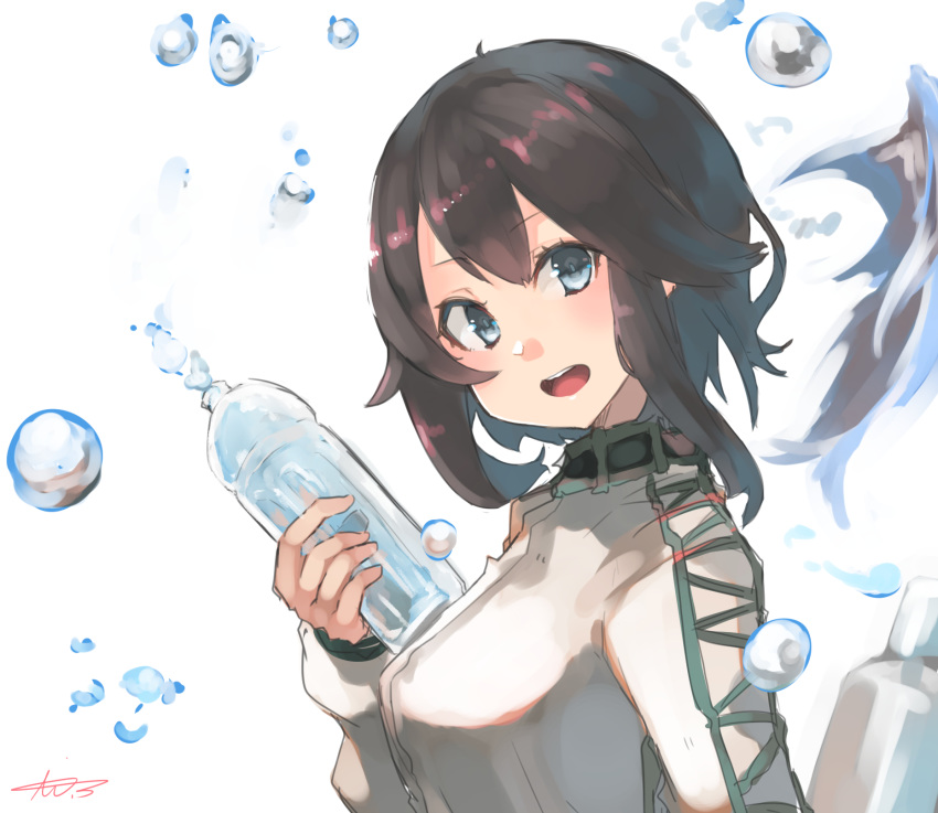 1girl akicosmossakasa bangs black_hair blue_eyes blush bottle eyebrows_visible_through_hair hayasui_(kantai_collection) highres holding jacket kantai_collection long_sleeves open_mouth sidelocks signature simple_background solo track_jacket upper_body water_bottle water_drop white_background