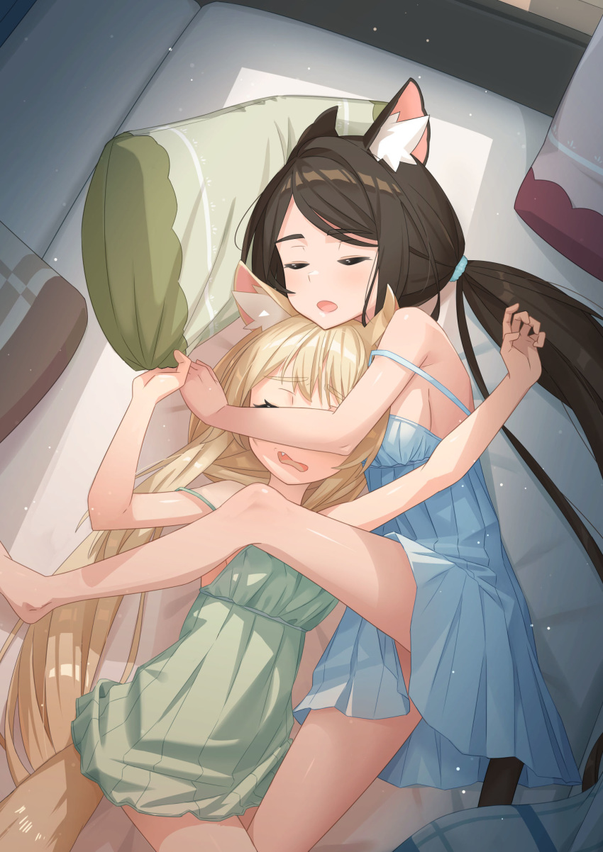 2girls animal_ear_fluff animal_ears bangs barefoot black_hair blonde_hair cat_ears cat_tail eyebrows_visible_through_hair fang highres lingerie long_hair lying multiple_girls negligee nekoze_(s22834712) on_back on_side open_mouth original pillow sleeping swept_bangs tail tu_ya_(nekoze) twintails underwear